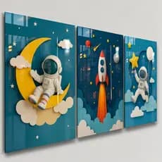 Quadros Decorativos 3 Peças Astronauta Lua Nuvens Azul Menino Criança Infantil Foguete Casa Sala Quarto Decoração Hall