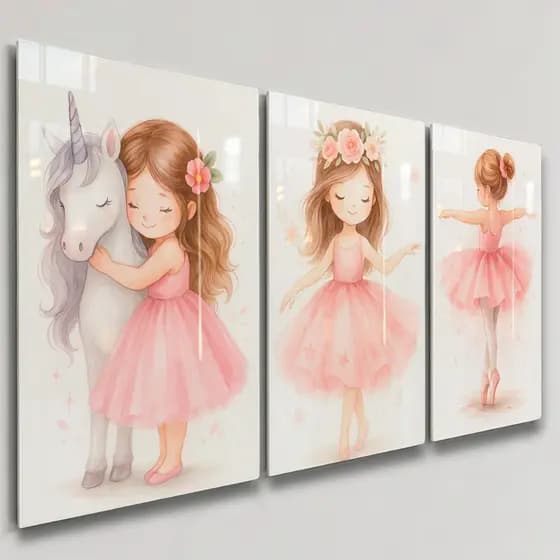 Quadros Decorativos 3 Peças Bailarina e Unicórnio Amor Menina Infantil Criança Rosa Casa Sala Quarto Decoração Parede
