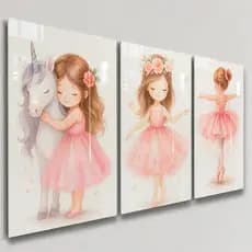 Quadros Decorativos 3 Peças Bailarina e Unicórnio Amor Menina Infantil Criança Rosa Casa Sala Quarto Decoração Parede