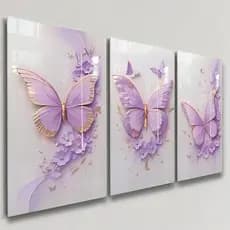 Quadros Decorativos 3 Peças Borboletas Douradas e Roxo Violeta Flores Flor Casa Sala Quarto Decoração Parede
