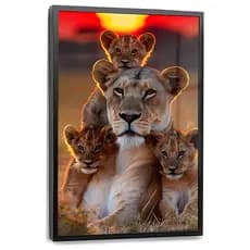 Quadro Decorativo Mãe Leoa 3 Filhos na Savana por do Sol Paisagem Amor Proteção Casa Sala Quarto Decoração Hall