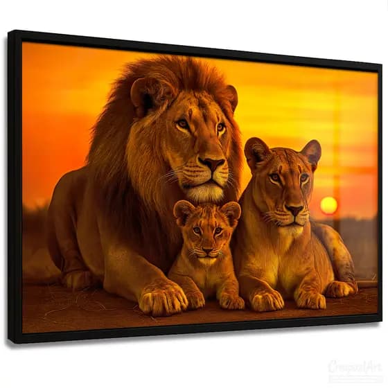 Quadro Decorativo Família Leões 1 Filho Deitados por do Sol Proteção Amor Casa Sala Quarto Decoração Hall