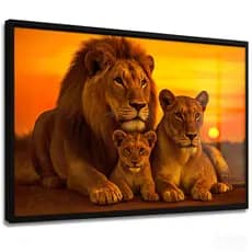 Quadro Decorativo Família Leões 1 Filho Deitados por do Sol Proteção Amor Casa Sala Quarto Decoração Hall