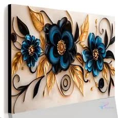 Quadro Decorativo Flores Azul Com Folhas Dourada Gold Casa Sala Quarto Decoração Hall