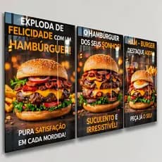 Quadros Decorativos 3 Peças Lanches Frases Hambúrguer Delicioso Lanchonete Casa Sala Quarto Decoração Hall