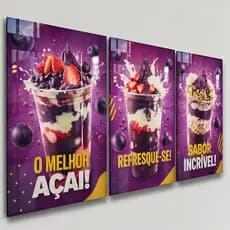 Quadros Decorativos 3 Peças Sorveteria Açaí Colorido "O Melhor Açaí" Sala Quarto Decoração Parede