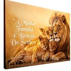 Quadro Decorativo Família De Leões 2 Filhotes No Campo "A Minha Família é Benção" Luxo Casa Sala Quarto Decoração Hall