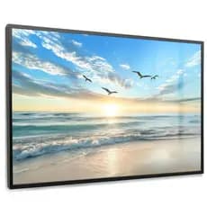 Quadro Decorativo Praia Sol e Pássaros Céu Nuvens Azul Casa Sala Quarto Decoração Hall