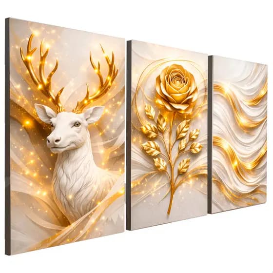 Quadros Decorativos 3 Peças Cervo Branco Flor Dourada e Branco Ondas Sala Quarto Decoração Parede