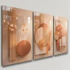 Quadros Decorativos 3 Peças Abstrato Jarro Geométrico Circular Dourado Boho Ouro Casa Sala Quarto Decoração Parede