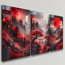Quadros Decorativos 3 Peças Abstrato Paisagem Japonês Estilo Vermelho Lua Casa Sala Quarto Decoração Parede