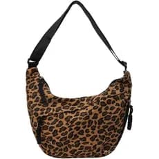 Bolsa de Ombro Feminina Estampa Leopardo, Bolsa Transversal Meia-Lua de Nylon, Bolsa Hobo Transversal com Estampa de Leo