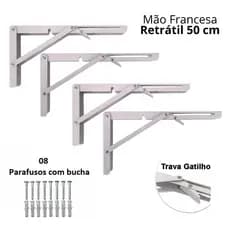 Kit 4 Suportes Mão Francesa Cantoneira Dobrável Retrátil Reforçada Prateleira Mesa Com Parafuso 50cm