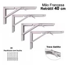 Kit 4 Suportes Mão Francesa Cantoneira Dobrável Retrátil Reforçada Prateleira Mesa 40cm