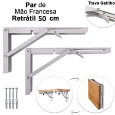 Kit 2 Suportes Mão Francesa Cantoneira Dobrável Retrátil Reforçada Prateleira Mesa 50cm