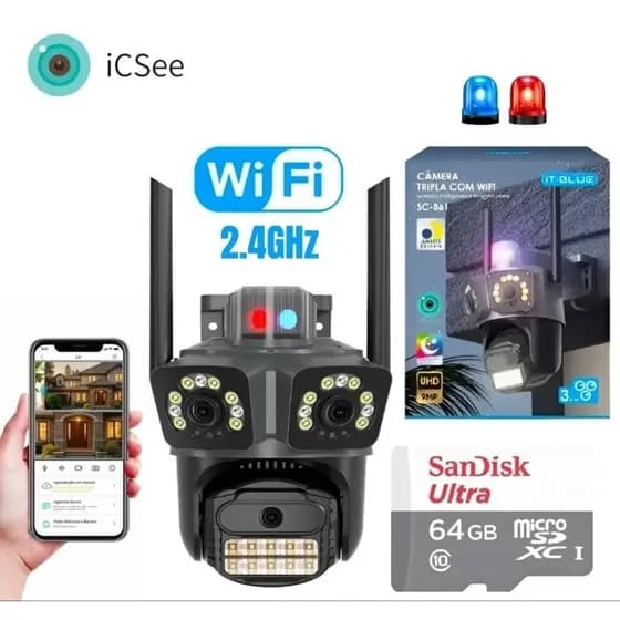 Câmera de segurança Wi-Fi exterma com 3 lentes, 360°,visão noturna, à prova d'água Yoosee ou Icsee