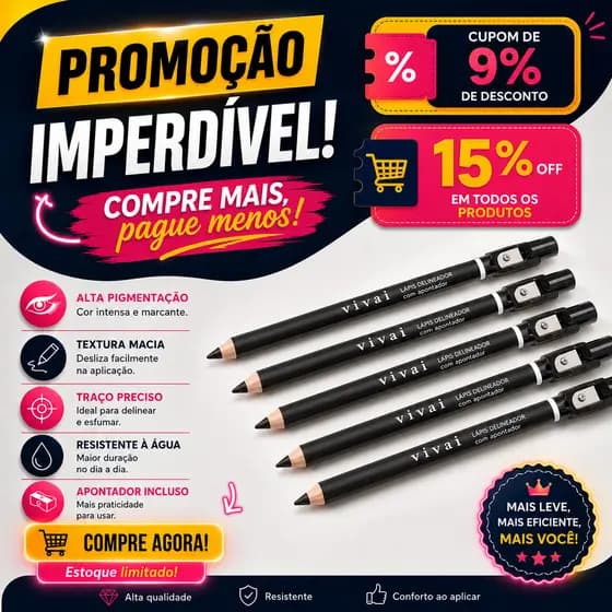 Kit 8 Lápis Delineador Preto com Apontador Vivai