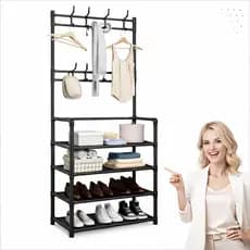 Sapateira Organizador Cabideiro de Chão 4 Prateleiras Arara Multiuso Vertical Roupas Bolsas Sapatos.