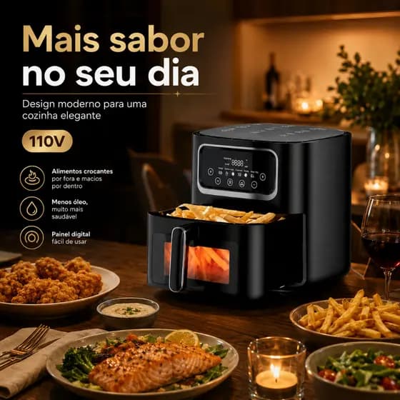 Air Fryer Digital 110V 220v Fritadeira Elétrica Sem Óleo com Visor Frontal Cesto Removível Preta