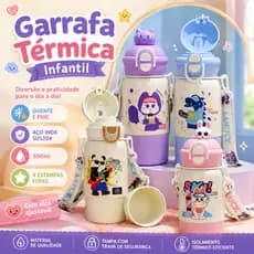 Garrafinha Térmica Infantil 500ml com Canudo Alça e Tampa para Escola Passeio