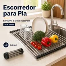 Escorredor de Louça Dobrável para Pia Aço Inox Organizador Multiuso de Cozinha