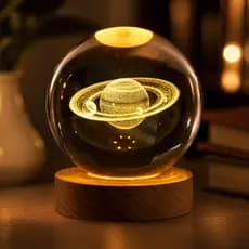 Luminária Bola de Cristal Galáxia LED Base Madeira USB Decoração Quarto