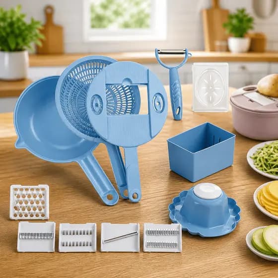 Kit Ralador Fatiador de Legumes 12 Peças Cortador Multifuncional Recipiente Cozinha Prático Sortido