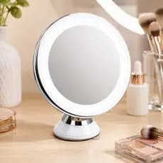 Espelho De Mesa Com LED Maquiagem Aumento 10x USB E Pilha AAA Base Branca Redonda