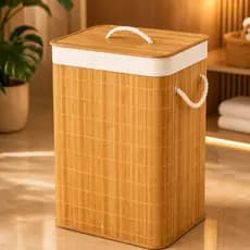Cesto de Roupas 50 Litros com Tampa e Alça de Bambu Organizador para Lavanderia e Banheiro