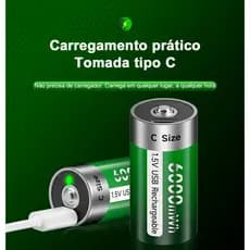 Carregador E Pilha Recarregavel Tipo C 1.5v 6000mWh Bateria Lr14 Carrega Usb