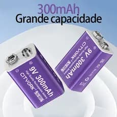 Kit Carregador De Pilhas Recarregável 9v 300mAh 2 Baterias Pp3 para Multímetros, Guitarra e Aparelhos Eletrônicos