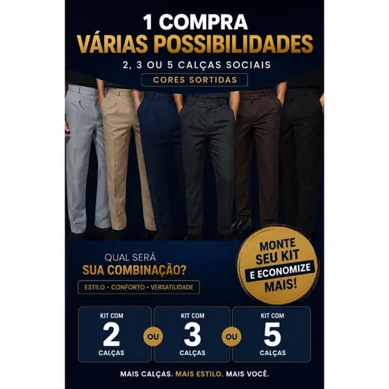 Kit 5 Calça Social De Senhor Com Pregas E 4 Bolsos Forrados - Modelagem Reta, Elegante e Confortavél