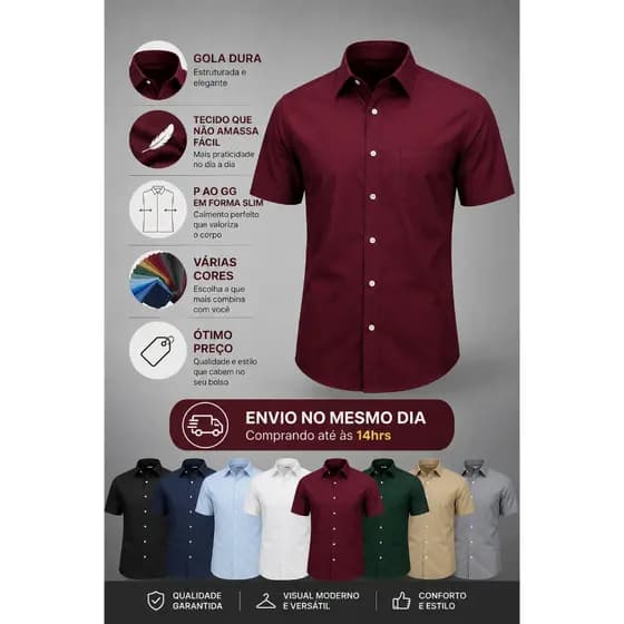 Camisa Social Masculina Manga Curta Slim Com Bolso P ao GG Gola Dura Não Amassa Fácil