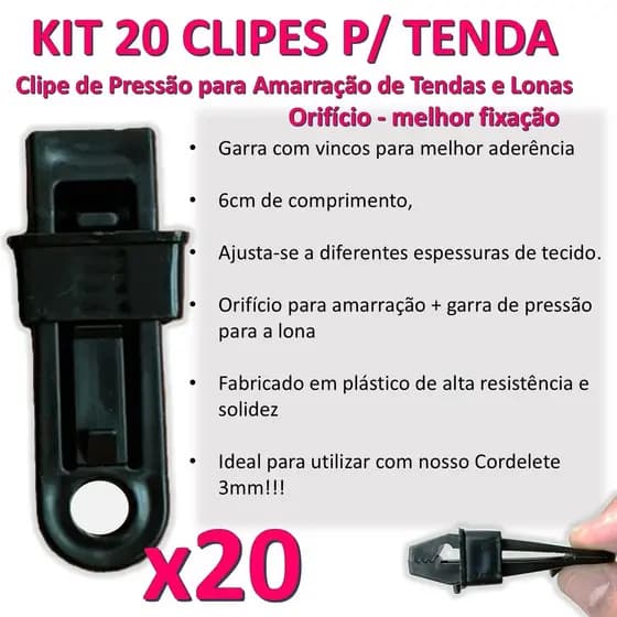 Kit 20 Clipes pregador Garra plástica jacaré para lonas e tendas
