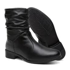 Bota Feminina Coturno Botinha Cano Médio Curto Enrugada Blogueira Da Moda Bico Redondo Confortável