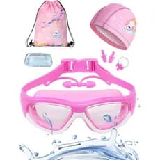 Óculos de Natação Unissex, Óculos de Natação Antiembaçantes, 5 em 1, com Touca de Natação/Tampões de Ouvido/Pinça (Rosa)