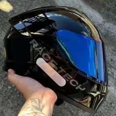 CAPACETE RACE TECH OFERTA EXCLUSIVO HIT MONOCOLOR PRETO BRILHO + VISEIRA AZUL + CRISTAL + SUPER BRINDE