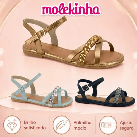 Sandália Molekinha Infantil Brilho Com Strass Pedraria Linda Confortável | Lançamento Original !