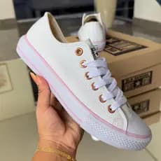 tenis cano baixo branco couro com listra rosa envio imediato