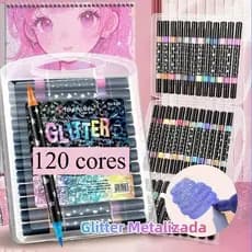 Marcador Glitter 120 Cores Metálico Cabeça de Ponta Dupla Brilhante Caneta Colorir