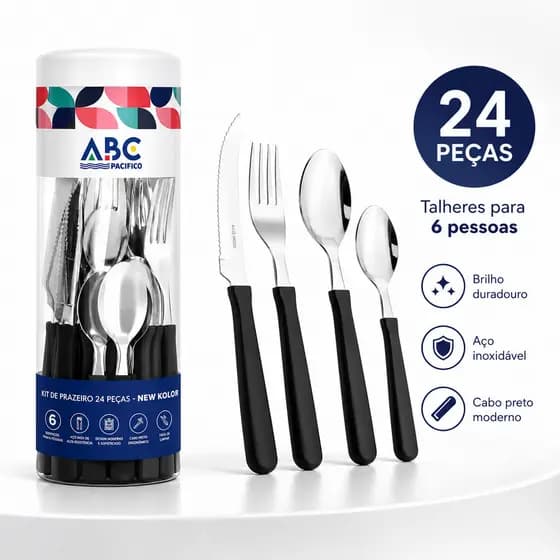 Jogo de Talheres ABC Faqueiro 24 Peças Aço Inox New Kolor com Cabos Coloridos