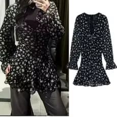 ZA Vestido de decoração em camadas estampado de manga comprida com decote em V no início do outono2180239