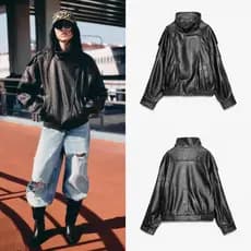 ZA Outono Novo Estilo Feminino Couro Falso Gola Alta Jaqueta de Manga Comprida Jaqueta de Couro4391872