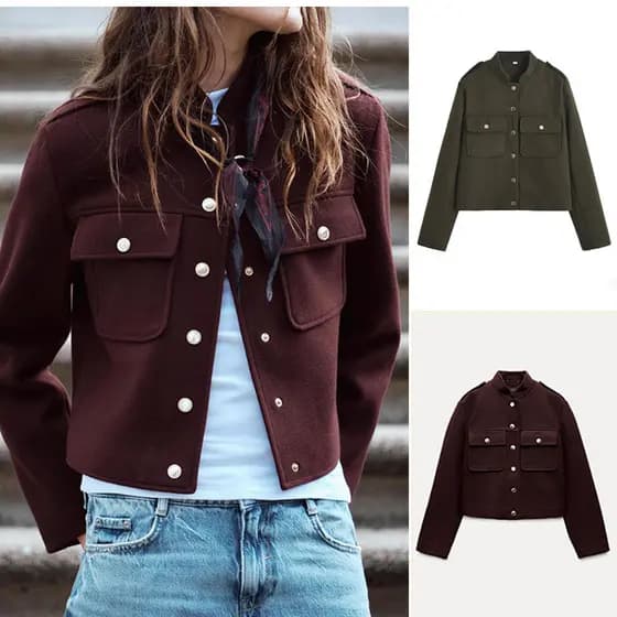 ZA Outono Novo Estilo Macio Manga Longa Simples Casaco Curto 3046292
