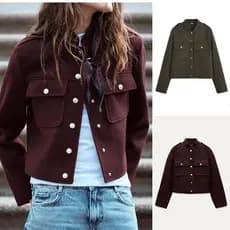 ZA Outono Novo Estilo Macio Manga Longa Simples Casaco Curto 3046292
