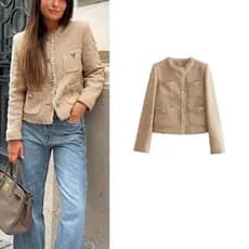 ZA Outono Novo Estilo Feminino Gola Redonda Manga Comprida Borda Bruta Jaqueta Curta Giratória Grossa 00875