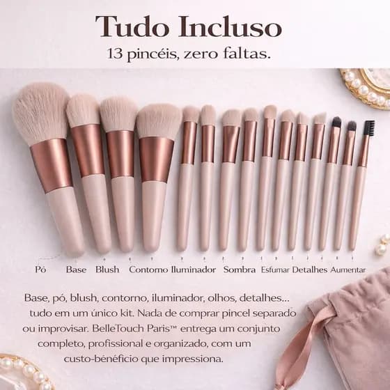 Kit de Pincéis de Maquiagem Profissional 13 Pçs Para Contorno Olhos  com Bolsa BelleTouch Paris