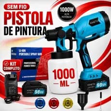 KINETX Pistola De Pintura Portátil Recarregável 1000W 1000ml Com 2 Baterias e 3 Bicos Profissional