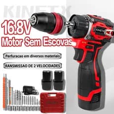 KINETX Furadeira Parafusadeira 16.8V Brushless com Mandril Metálico de Catraca e 2 Baterias Lítio Profissional