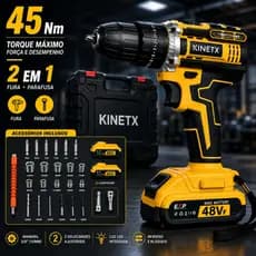 Furadeira Parafusadeira De Impacto 48VF Sem Fio 2 Baterias Kit Completo Com Maleta Bivolt Kinetx